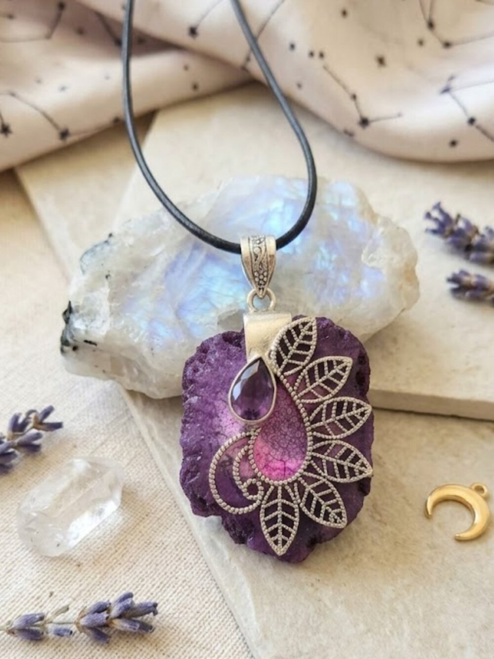 Artisan 925 Sterling Silver Raw Agate Amethyst Leaf Filigree Pendant 2.45"
